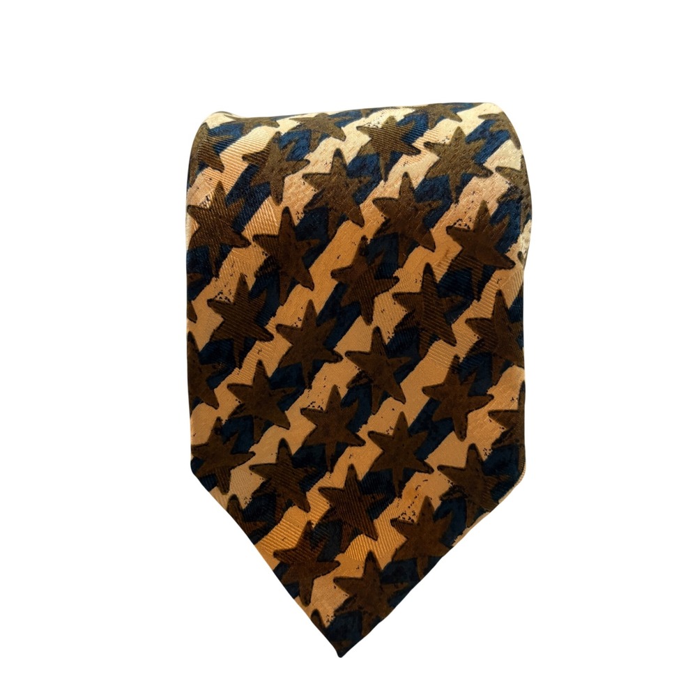 HUGO BOSS Silk Tie Mens Gold Blue Brown Star Pattern Made in Italy Designer